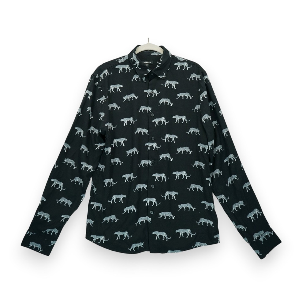 Express Rayon Shirt Men S Slim Fit Cheetah Leopard Print Black Long Sleeve